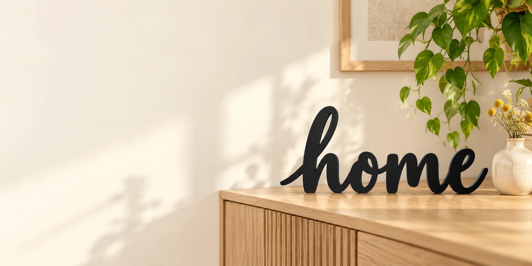 Letreiro home em MDF preto sobre um aparador de madeira.