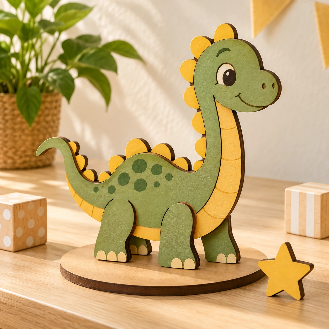 Dinossauro decorativo em MDF verde e amarelo sobre uma base redonda.