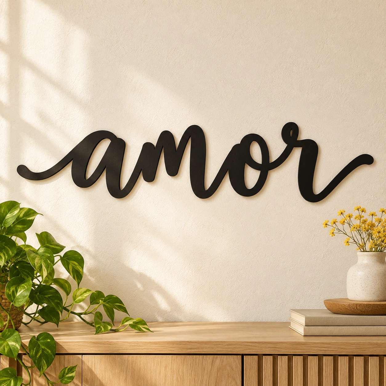 Palavra amor em preto sobre uma parede clara.