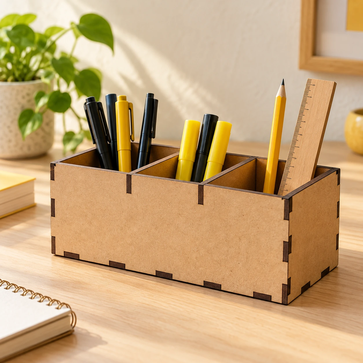 Organizador de mesa em MDF com canetas.